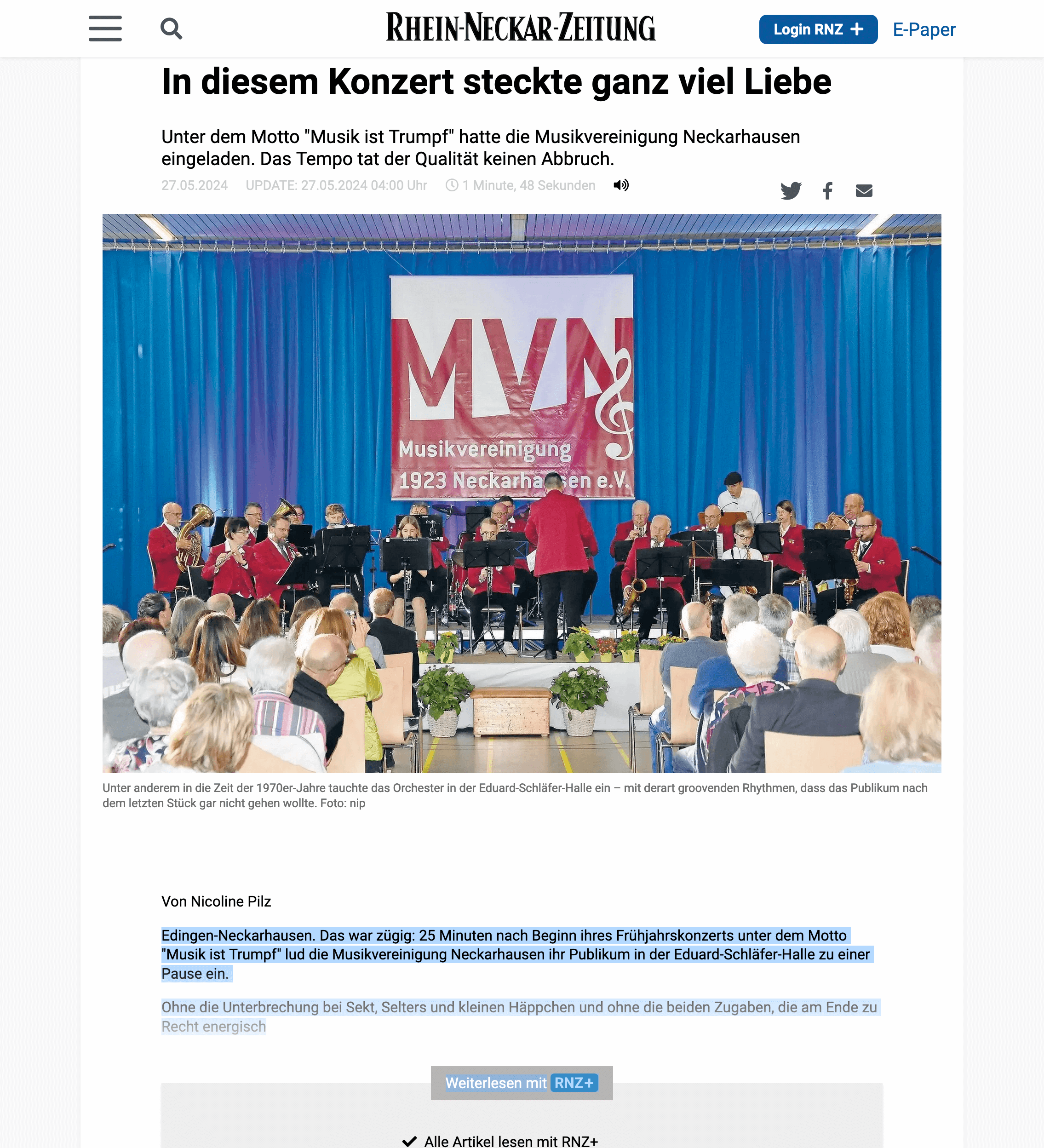 Artikel in der RNZ vom 27.5.24
